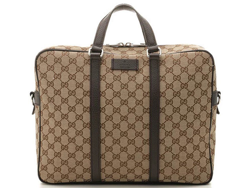 Gucci GG Canvas Shoulder Bag Briefcase Beige Cream Brown Calfskin